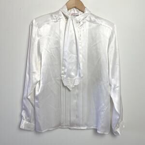 Vintage 80s Satin Tie Blouse Top Medium Secretary Romantic Parisian Edwardian
